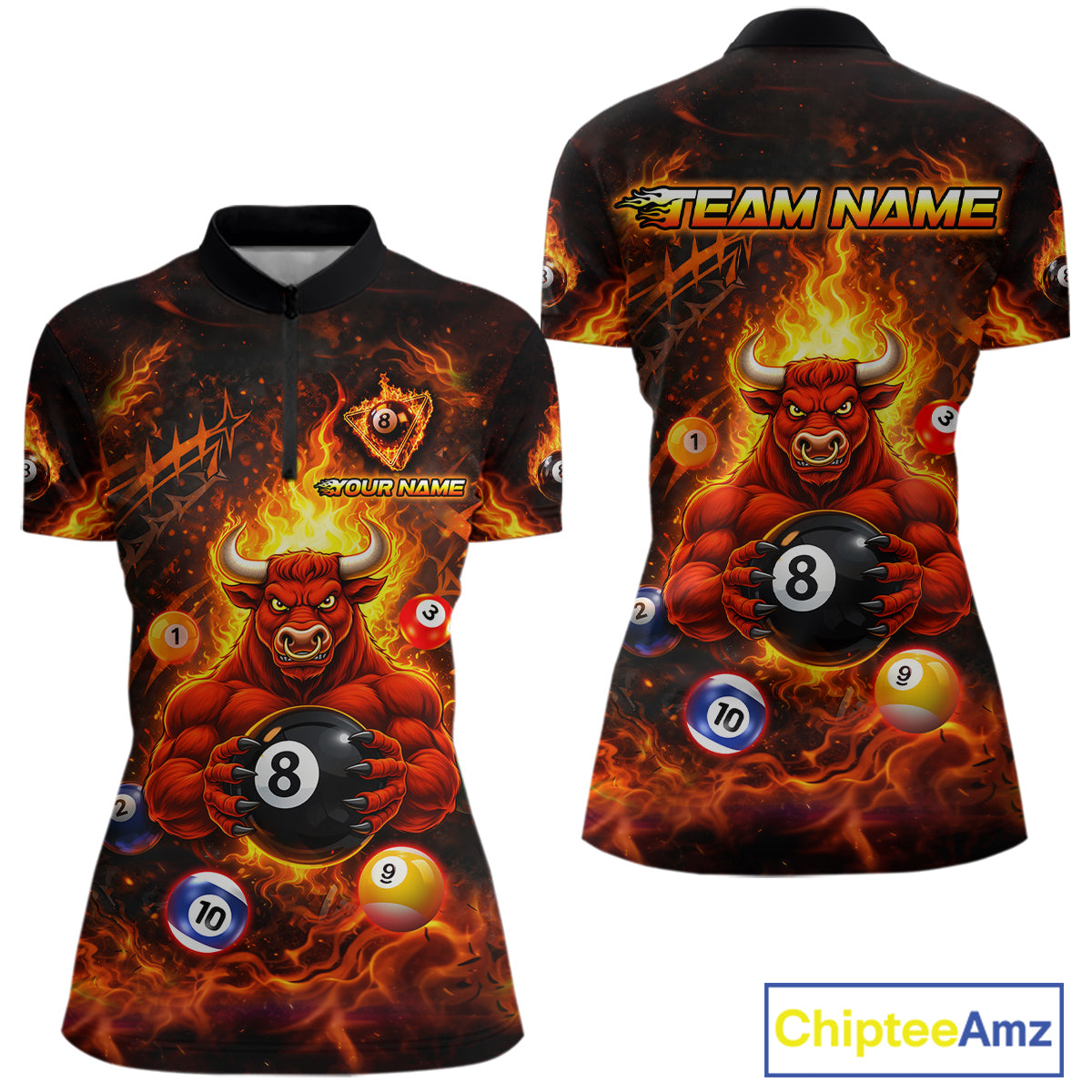 Fire Flame Funny Bull Plays Pool Ball Billiard Shirt For Women Custom 8 Ball Billiard Team Attire NYN2565