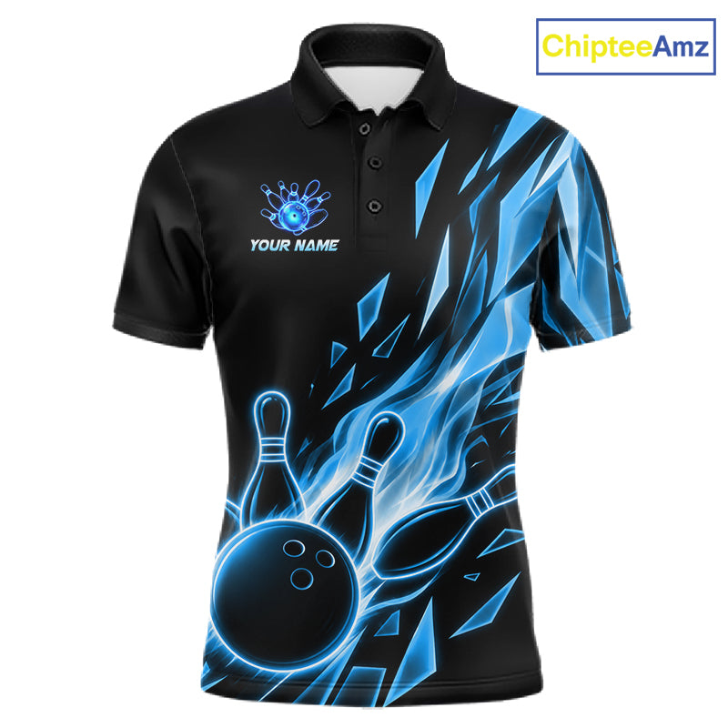 Fire Flame Bowling Ball And Pins Bowling Polo Shirt For Men Custom Blue Broken Glass Bowling Team Jersey