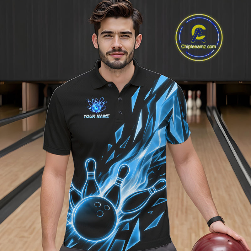 Male bowler wearing Fire Flame Bowling Ball And Pins blue broken glass bowling jersey custom team apparel