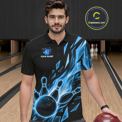 Male bowler wearing Fire Flame Bowling Ball And Pins blue broken glass bowling jersey custom team apparel