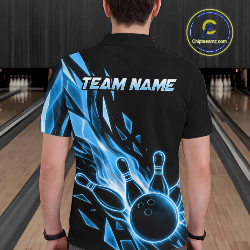 Male bowler wearing Fire Flame Bowling Ball And Pins blue broken glass bowling jersey custom team apparel