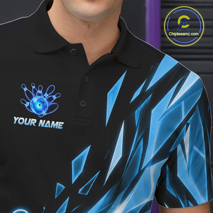 Male bowler wearing Fire Flame Bowling Ball And Pins blue broken glass bowling jersey custom team apparel