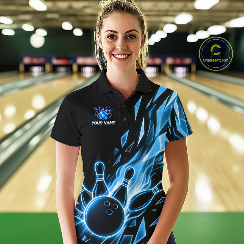 Female bowler wearing Fire Flame Bowling Ball And Pins blue broken glass bowling jersey custom team apparel