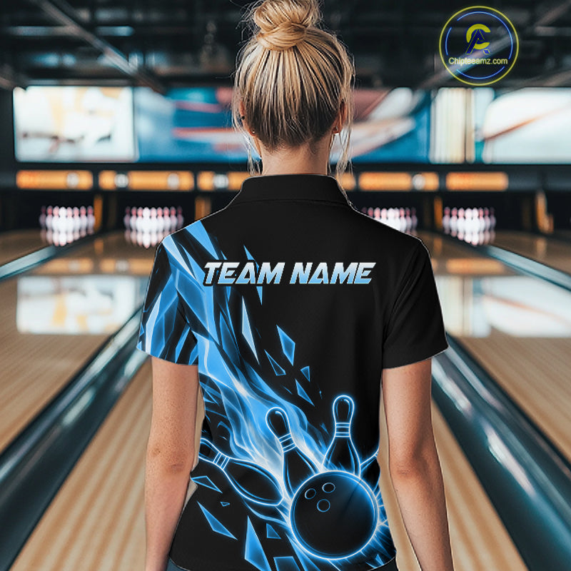 Female bowler wearing Fire Flame Bowling Ball And Pins blue broken glass bowling jersey custom team apparel