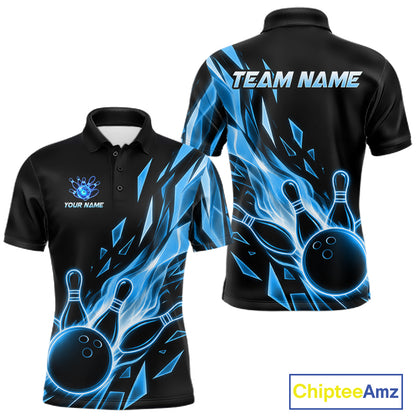 Fire Flame Bowling Ball And Pins Bowling Polo Shirt For Men Custom Blue Broken Glass Bowling Team Jersey