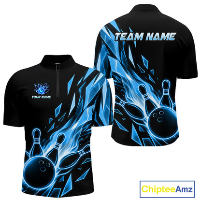 Fire Flame Bowling Ball And Pins Bowling Quarter-Zip Shirt For Men Custom Blue Broken Glass Bowling Jersey