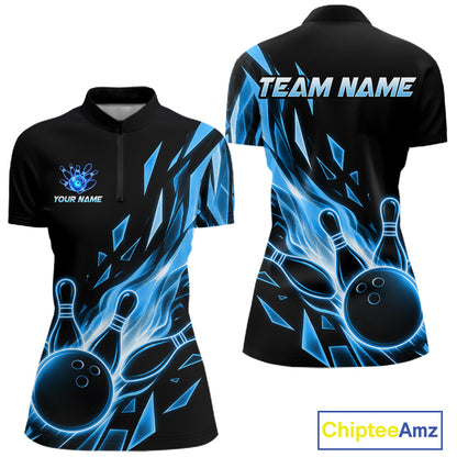 Fire Flame Bowling Ball And Pins Bowling Quarter-Zip Shirt For Women Custom Blue Broken Glass Bowling Jersey