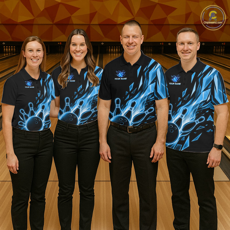 Men women bowling team wearing Fire Flame Bowling Ball And Pins bowling jerseys matching tournament uniforms