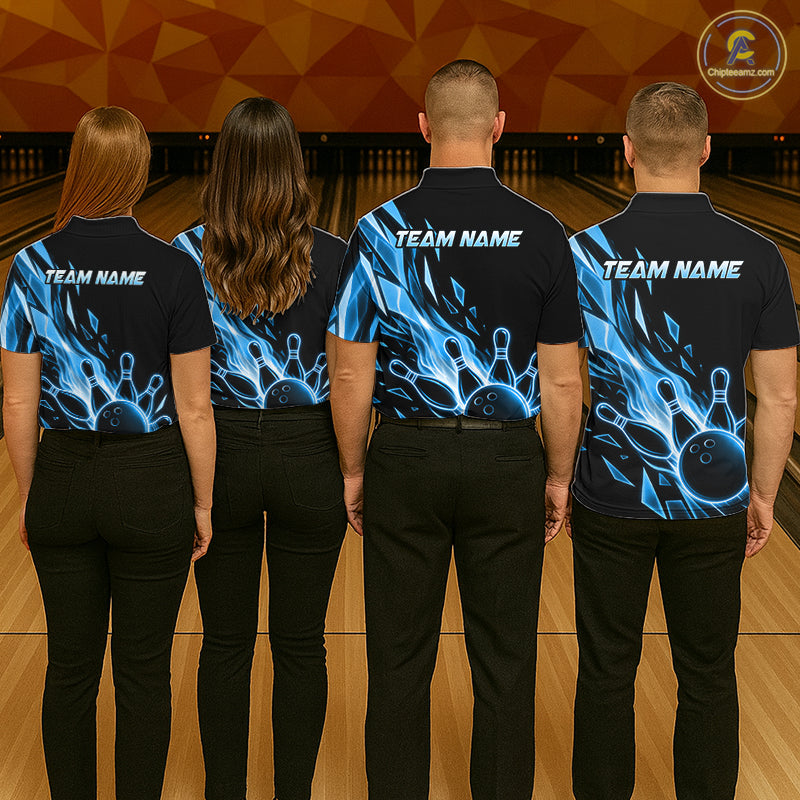 Men women bowling team wearing Fire Flame Bowling Ball And Pins bowling jerseys matching tournament uniforms