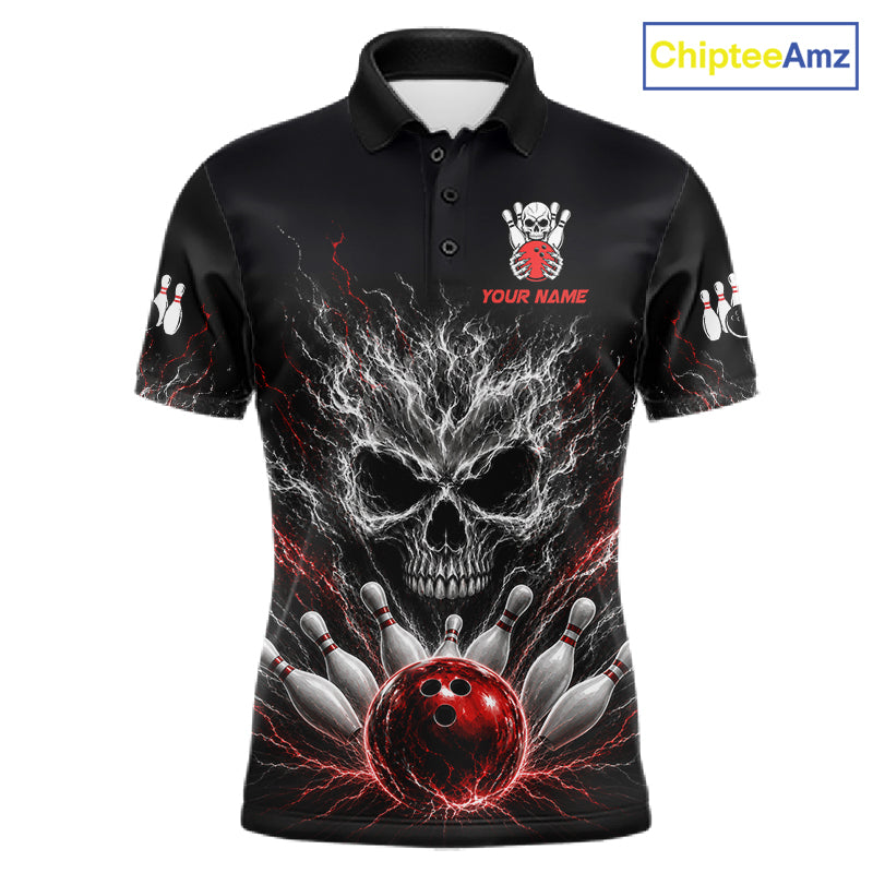 Red And Grey Smokes Horror Skull Bowling Polo Shirt For Men Custom Thunder Skull Bowling Team Jersey