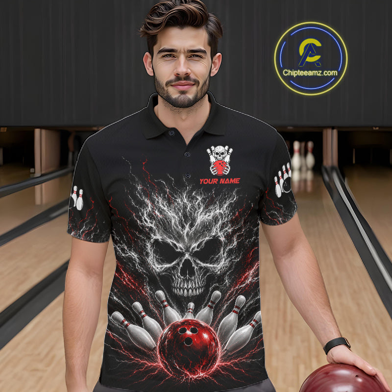 Male bowler wearing Red And Grey Smokes Horror Skull bowling jersey custom bowling league apparel