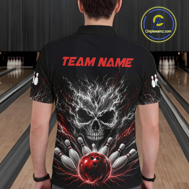 Male bowler wearing Red And Grey Smokes Horror Skull bowling jersey custom bowling league appare