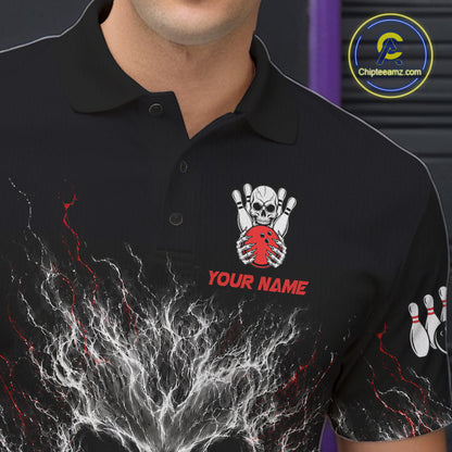 Male bowler wearing Red And Grey Smokes Horror Skull bowling jersey custom bowling league appare