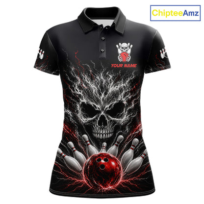 Red And Grey Smokes Horror Skull Bowling Polo Shirt For Women Custom Thunder Skull Bowling Team Jersey