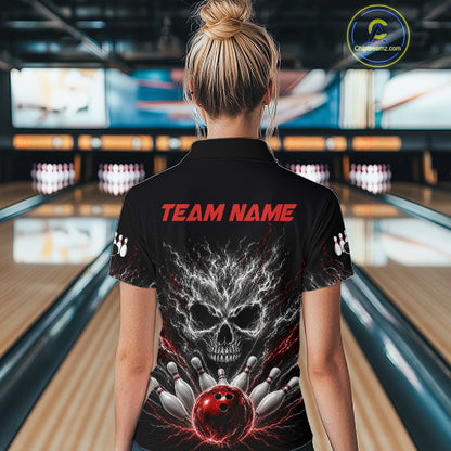 Female bowler wearing Red And Grey Smokes Horror Skull bowling jersey custom bowling league apparel