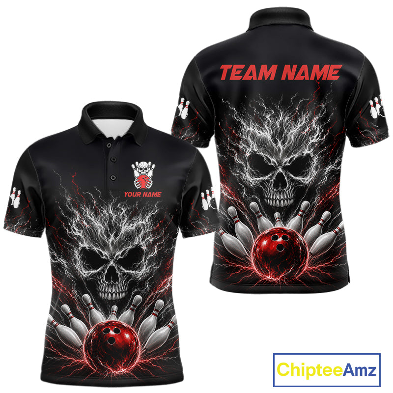 Red And Grey Smokes Horror Skull Bowling Polo Shirt For Men Custom Thunder Skull Bowling Team Jersey