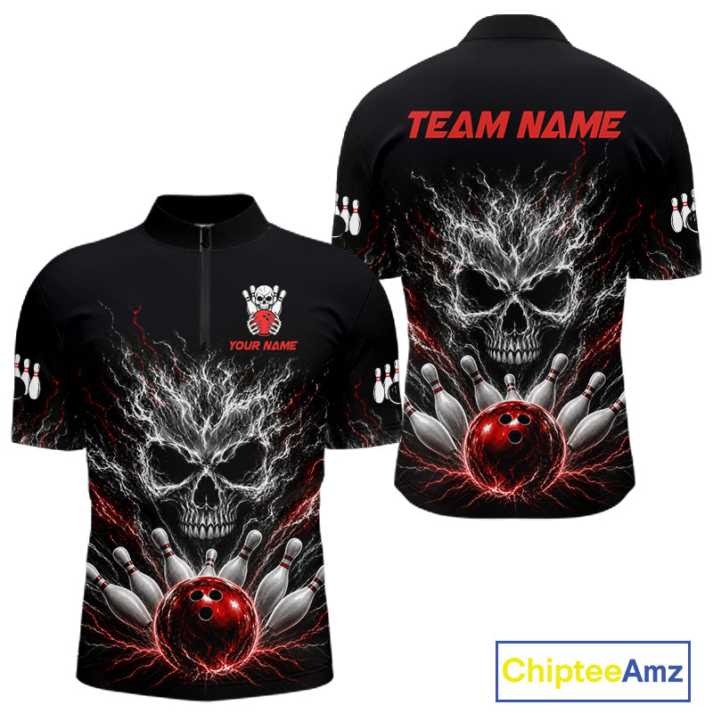 Red And Grey Smokes Horror Skull Bowling Quarter-Zip Shirt For Men Custom Thunder Skull Bowling Jersey