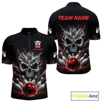 Red And Grey Smokes Horror Skull Bowling Quarter-Zip Shirt For Men Custom Thunder Skull Bowling Jersey