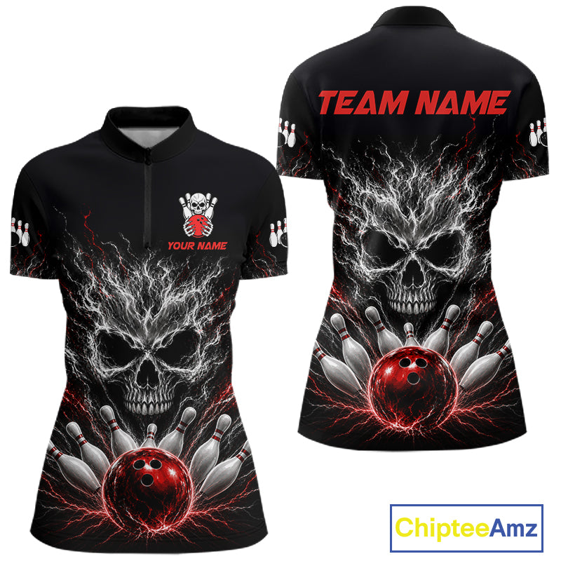Red And Grey Smokes Horror Skull Bowling Quarter-Zip Shirt For Women Custom Thunder Skull Bowling Jersey