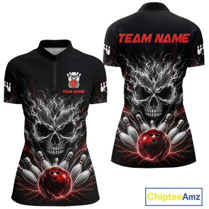 Red And Grey Smokes Horror Skull Bowling Quarter-Zip Shirt For Women Custom Thunder Skull Bowling Jersey