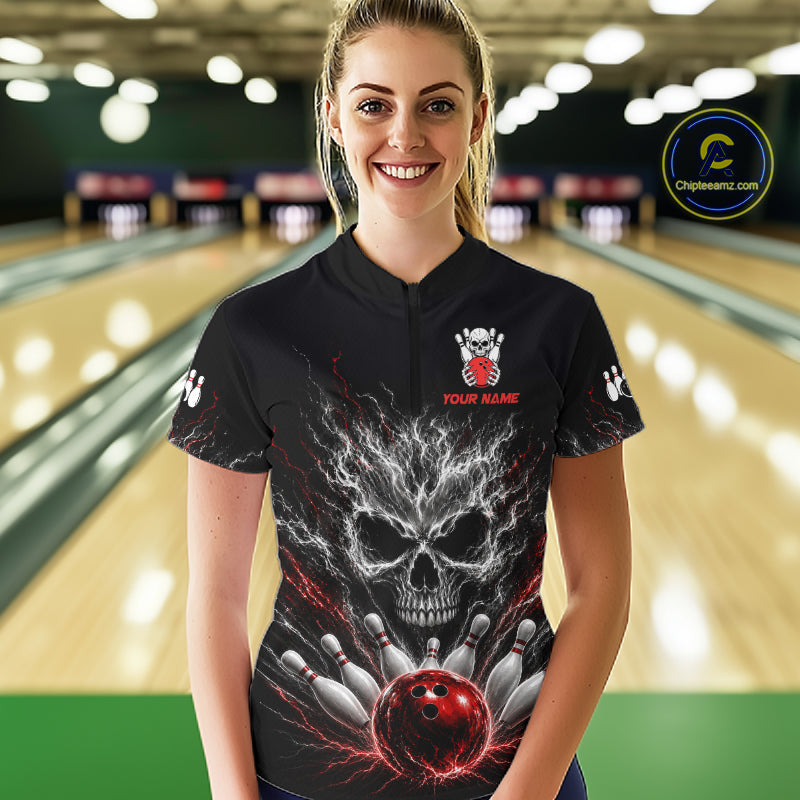 Female bowler wearing Red And Grey Smokes Horror Skull bowling jersey custom bowling league apparel