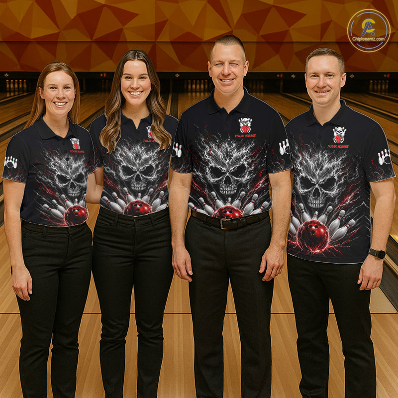 Men women bowling team wearing Red And Grey Smokes Horror Skull bowling jerseys matching team uniforms