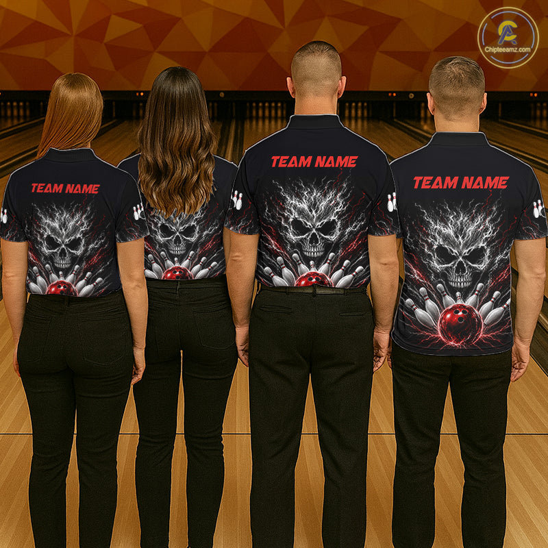 Men women bowling team wearing Red And Grey Smokes Horror Skull bowling jerseys matching team uniforms