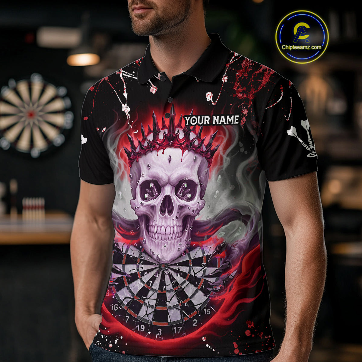 Grey Red Smoke Crown Skull Dartboard Custom Mens Polo Dart Shirt Splatter Dart Jerseys NYN1773