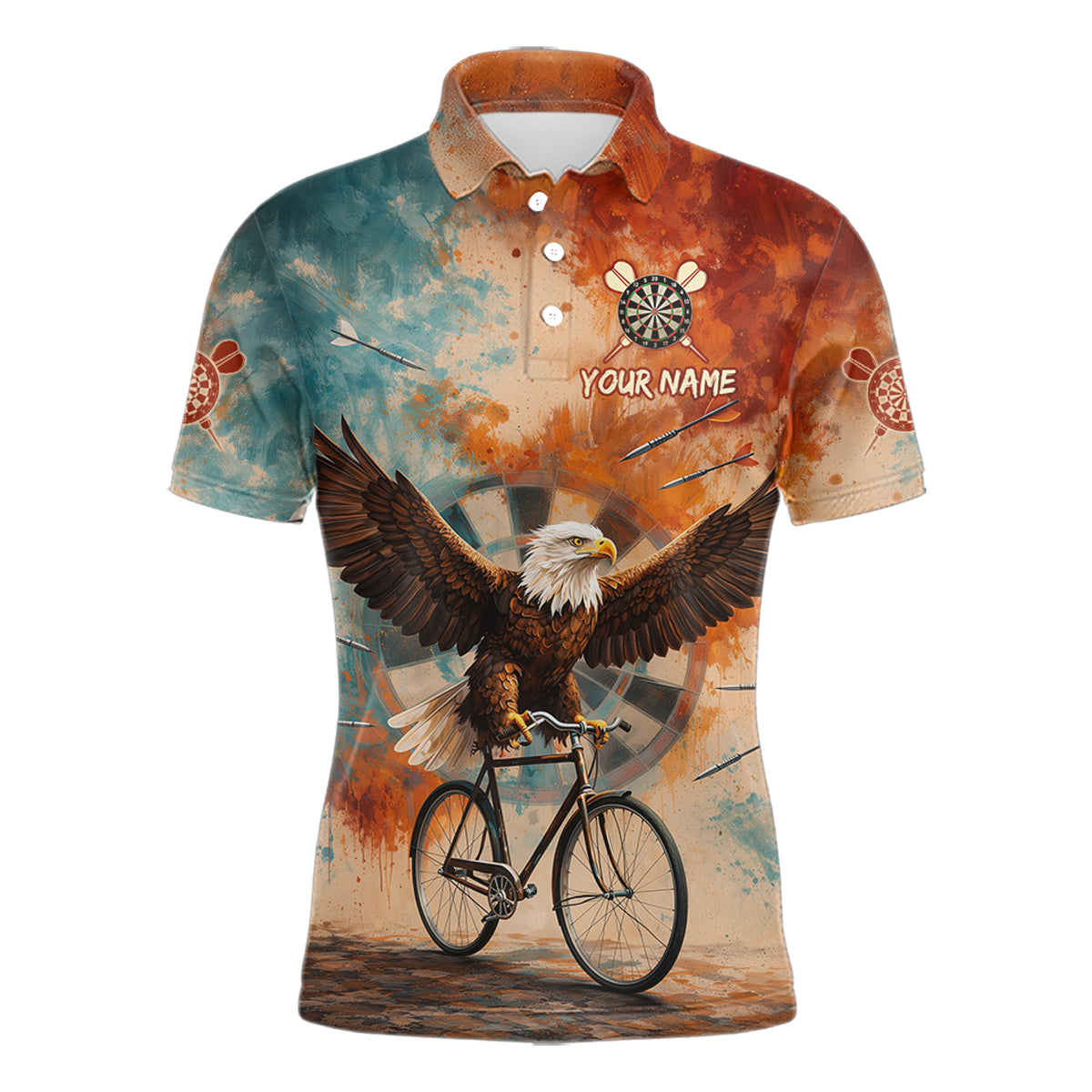 Blue & Orange Watercolor Funny Eagle Dartboard Men Dart Polo Shirts Custom Dart Team Jerseys NYN2728