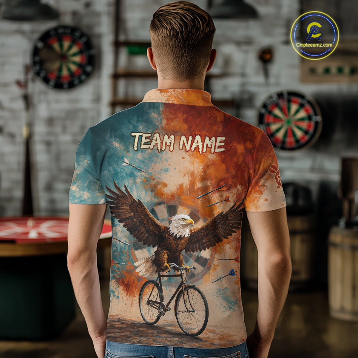 Blue & Orange Watercolor Funny Eagle Dartboard Men Dart Polo Shirts Custom Dart Team Jerseys NYN2728