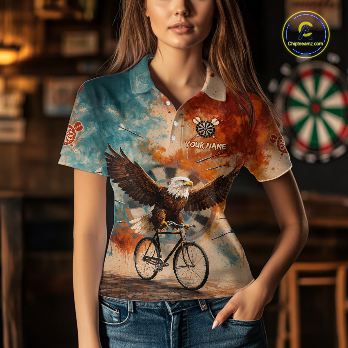 Blue & Orange Watercolor Funny Eagle Dartboard Women Dart Polo Shirts Custom Dart Team Jerseys NYN2728