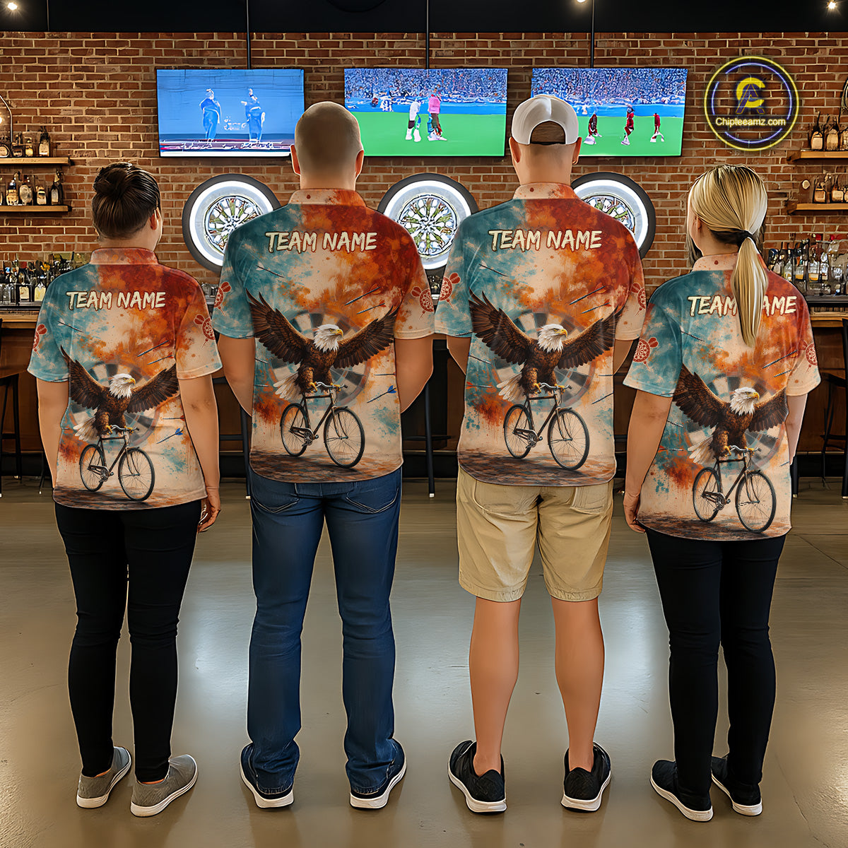 Blue & Orange Watercolor Funny Eagle Dartboard Men Dart Polo Shirts Custom Dart Team Jerseys NYN2728