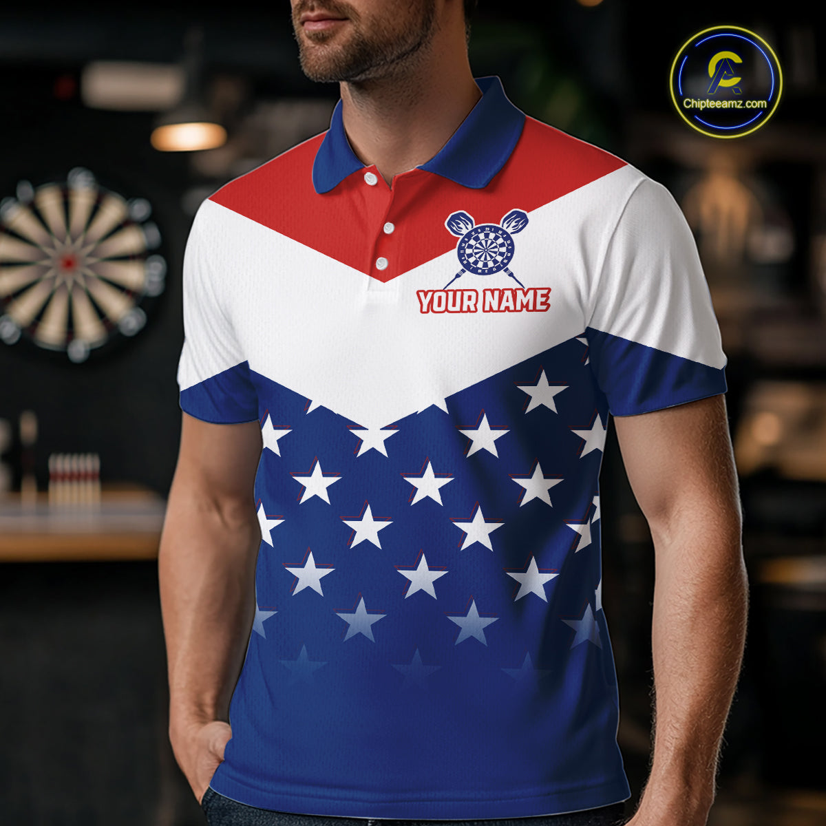 Blue And Red Dartboard Patriotic Dart Polo Shirts For Men Custom Dart Team Jerseys NYN2729
