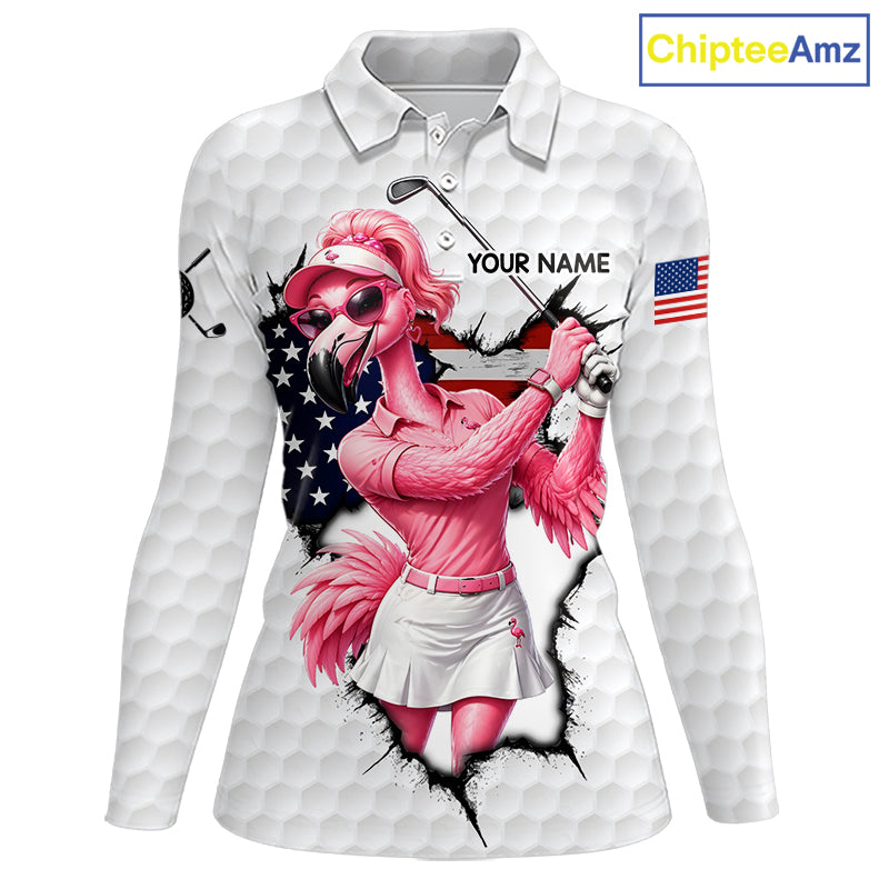Personalized Funny Flamingo Ladies Golf White Womens Patriot Golf Polo Shirts Custom US Flag Golf Gifts NYN3149
