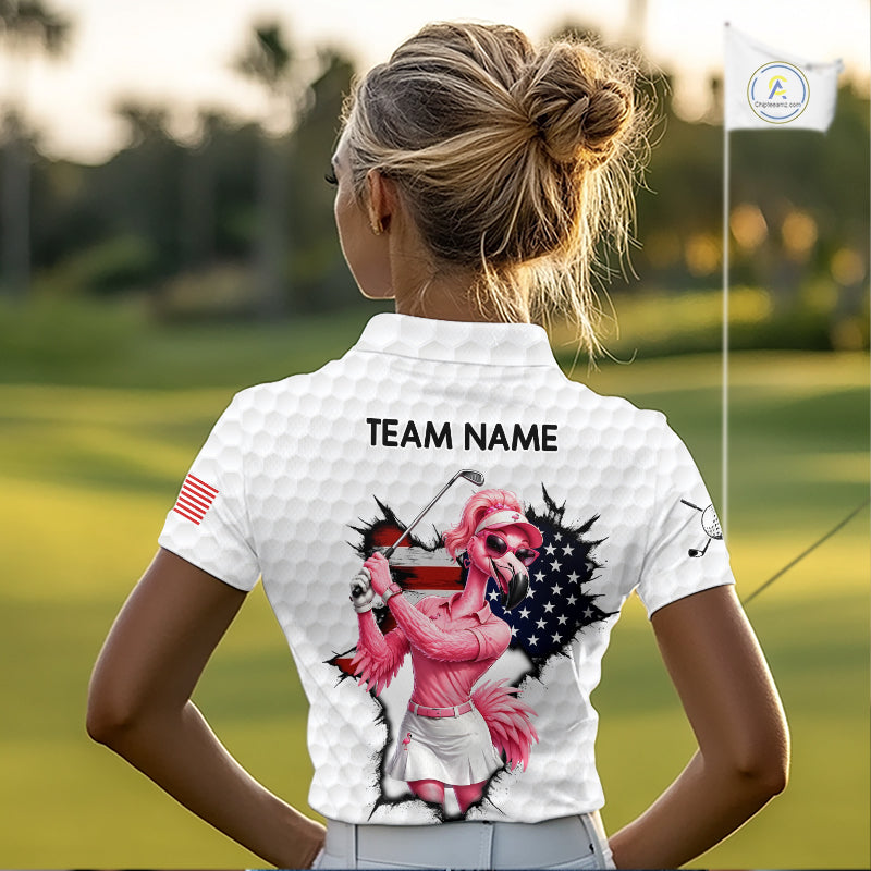 Personalized Funny Flamingo Ladies Golf White Womens Patriot Golf Polo Shirts Custom US Flag Golf Gifts NYN3149