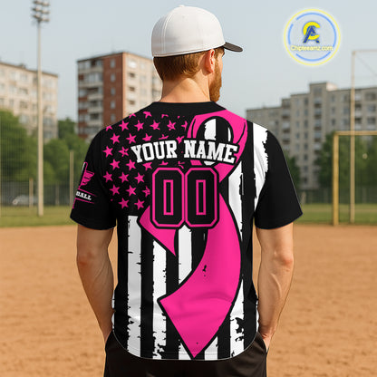 Personalized Pink Ribbon Patriotic Baseball Jersey For Men USA Flag Youth Baseball Shirt NYN0834