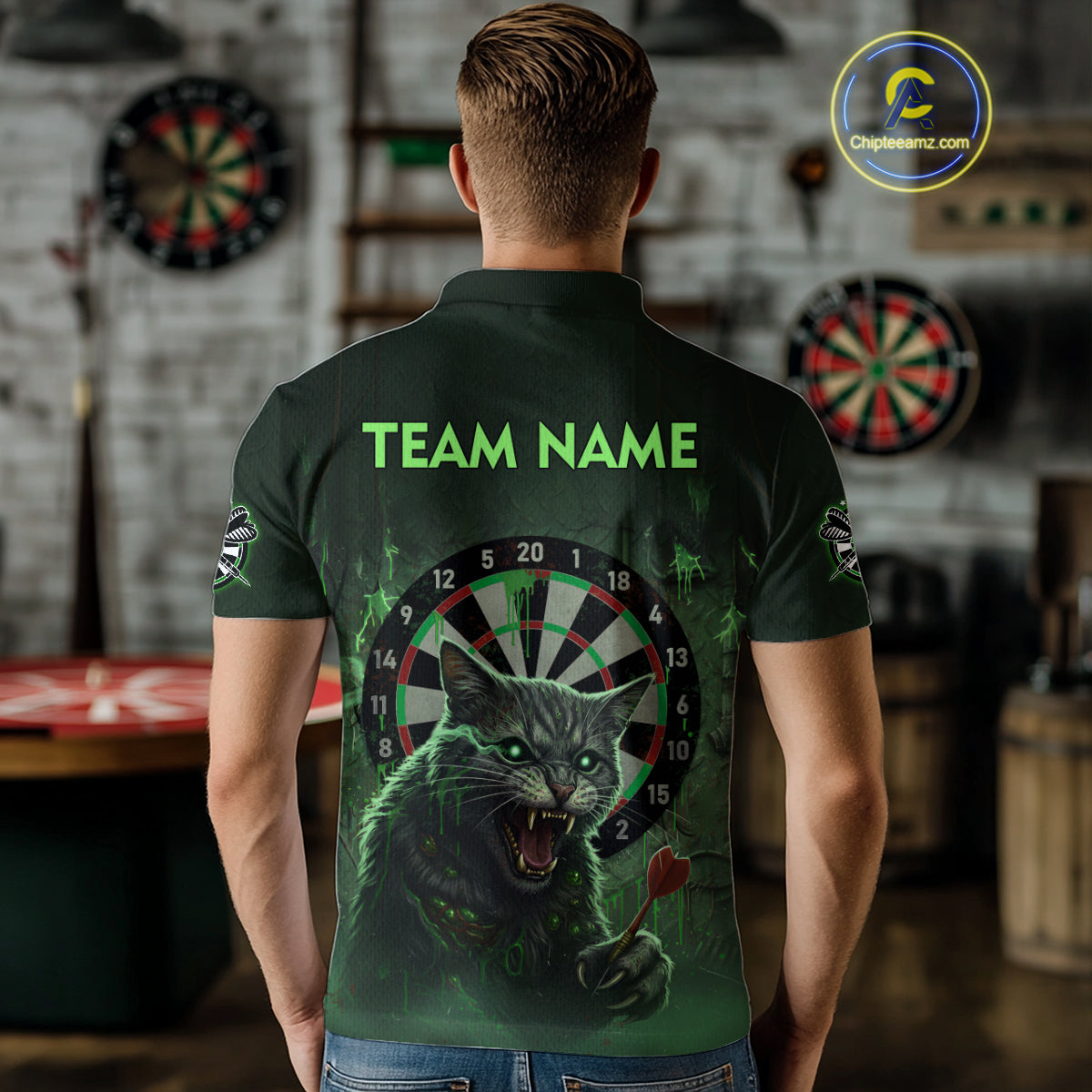 Funny Cat Green Dripping Dartboard Custom Men's Polo Darts Shirt Outfits Darts Jersey NYN1801