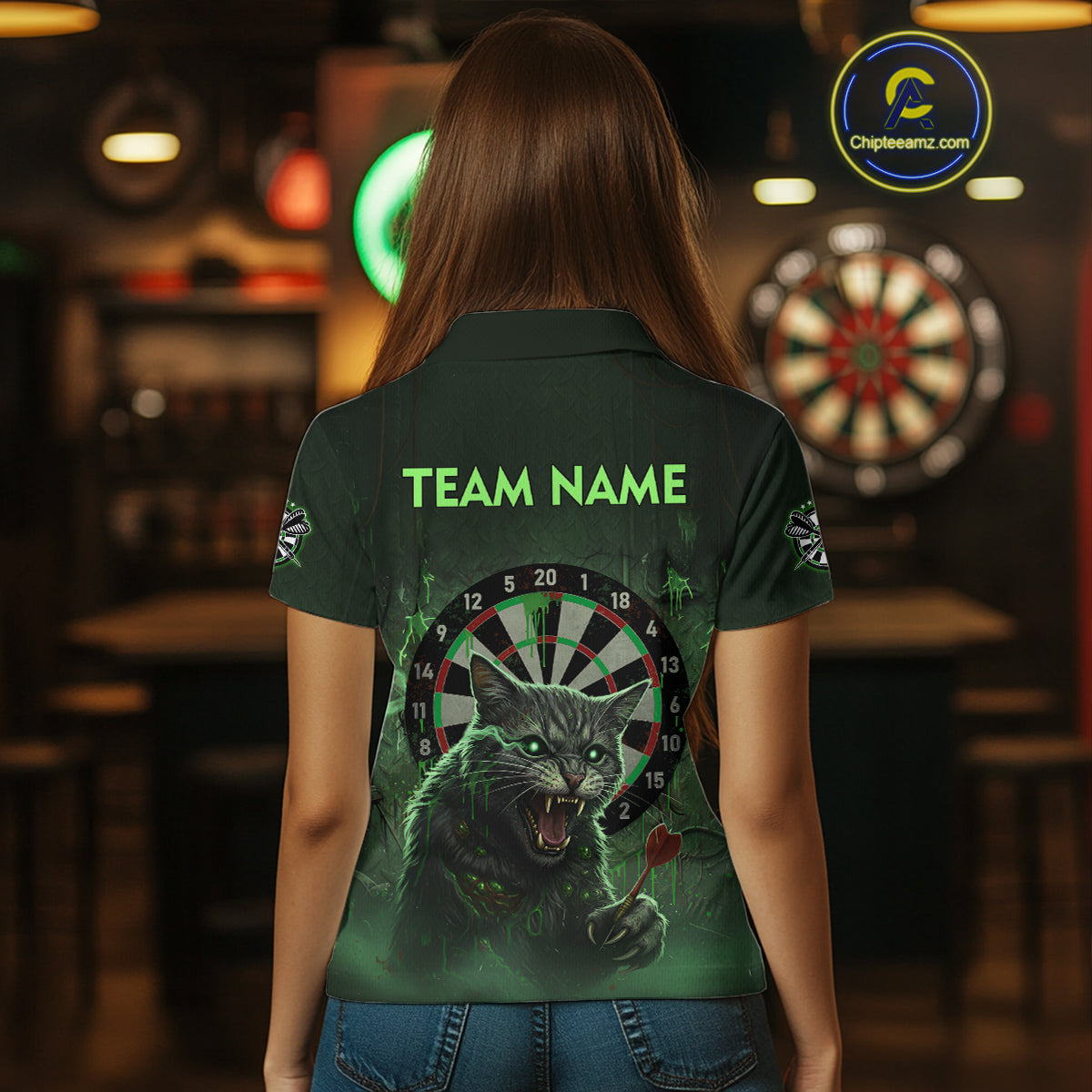 Funny Cat Green Dripping Dartboard Custom Women Polo Darts Shirt Outfits Darts Jersey NYN1801