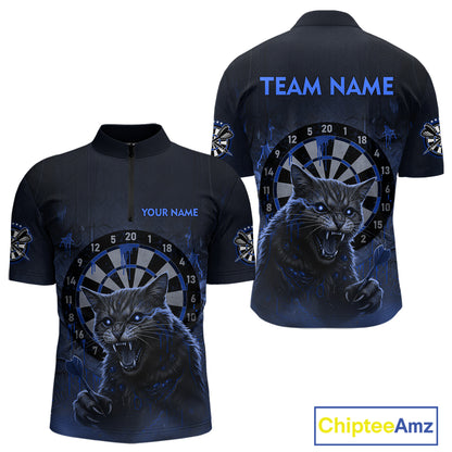 Funny Cat Blue Dripping Dartboard Custom Men's Quarter-Zip Darts Shirt Outfits Darts Jersey NYN1803