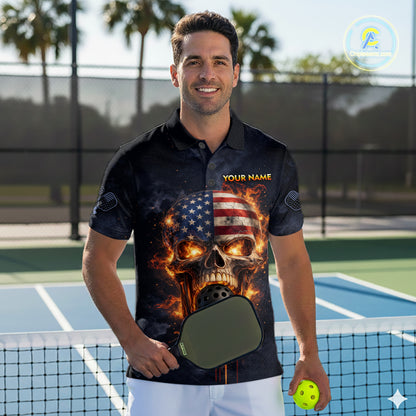 Custom US Flag Skull Fire Flame Pickleball Ball & Paddle T-Shirt Pickleball Jersey For Men NYN2579