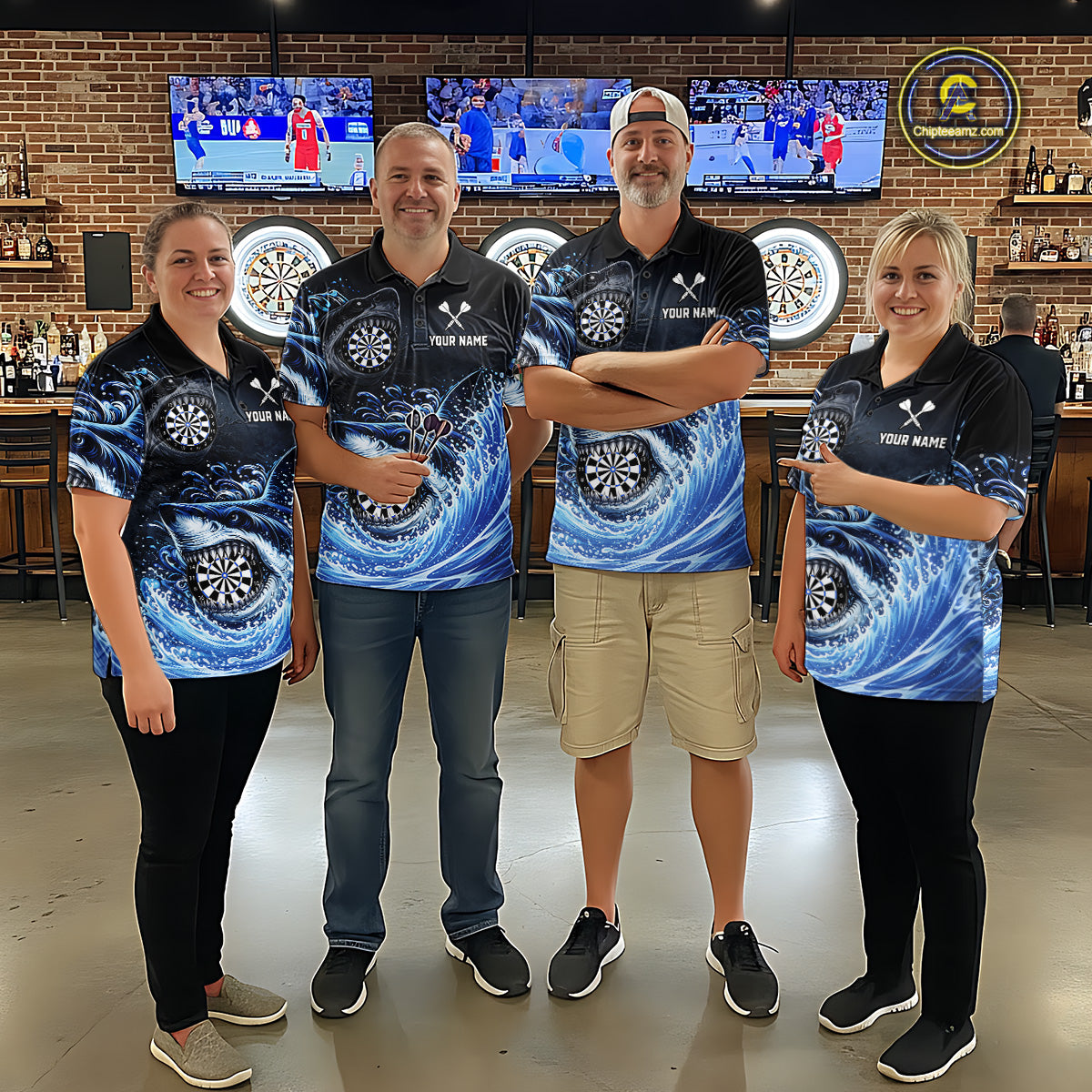Personalized Funny Shark Waving Blue Dartboard Women Darts 1/4-Zip Shirt Custom Darts Team Jerseys NYN2583