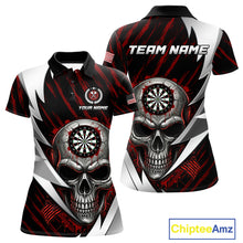 Load image into Gallery viewer, Silver Skull Red Grunge US Flag Women Darts Polo Shirt Custom Name Dart League Jerseys NYN2061