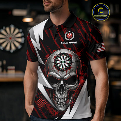 Silver Skull Red Grunge US Flag Men Darts Polo Shirt Custom Name Dart League Jerseys NYN2061