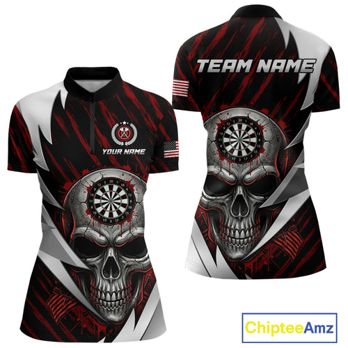 Silver Skull Red Grunge US Flag Women Darts Quarter-Zip Shirt Custom Name Dart League Jerseys NYN2061