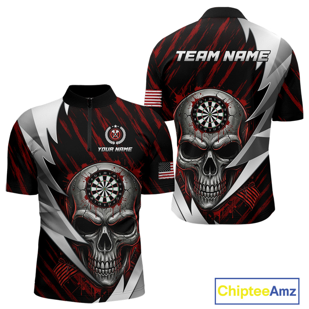 Silver Skull Red Grunge US Flag Men Darts Quarter-Zip Shirt Custom Name Dart League Jerseys NYN2061