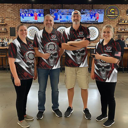 Silver Skull Red Grunge US Flag Men Darts Polo Shirt Custom Name Dart League Jerseys NYN2061