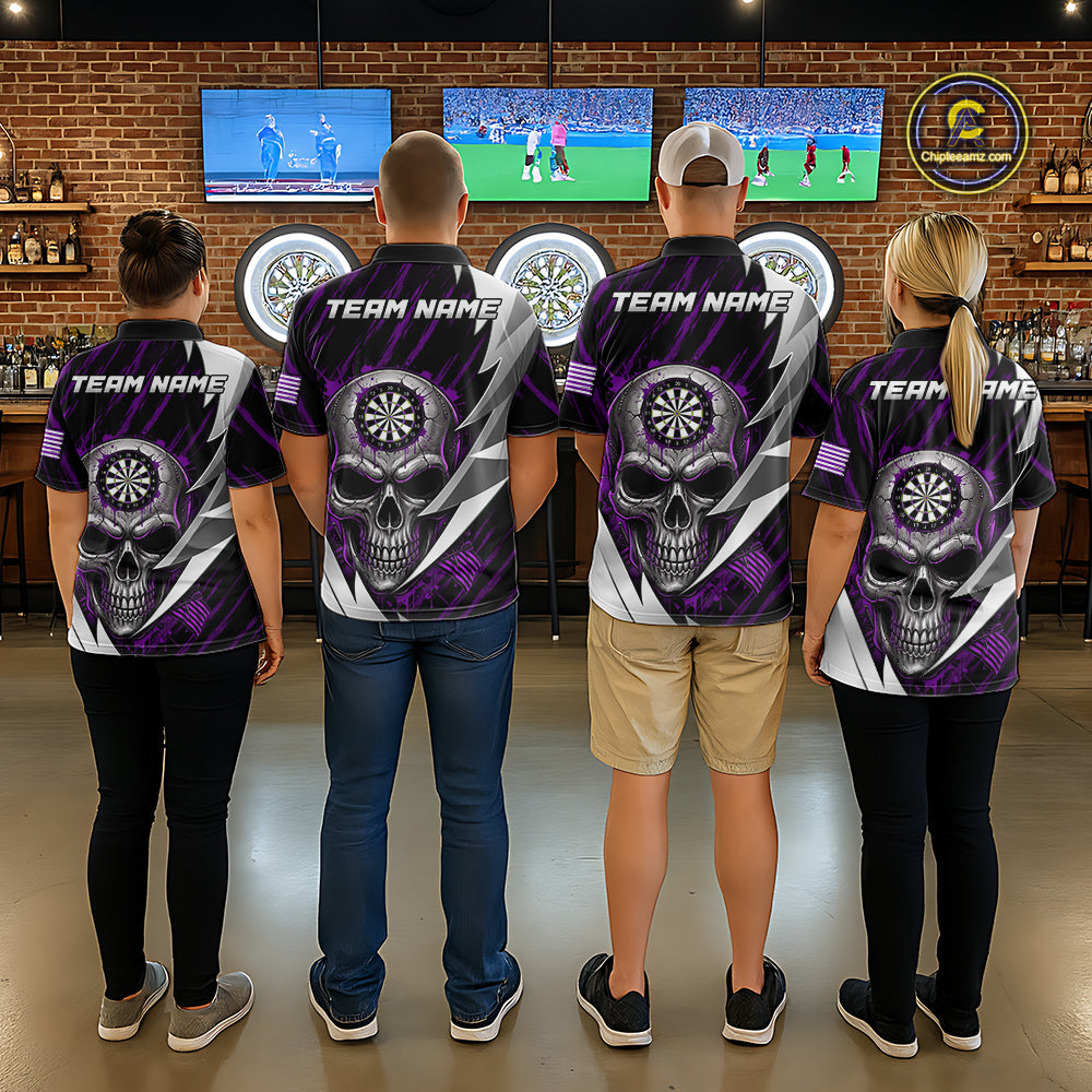 Silver Skull Purple Grunge US Flag Women Darts Quarter-Zip Shirt Custom Name Dart League Jerseys NYN2062
