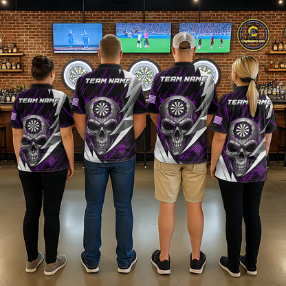 Silver Skull Purple Grunge US Flag Women Darts Quarter-Zip Shirt Custom Name Dart League Jerseys NYN2062