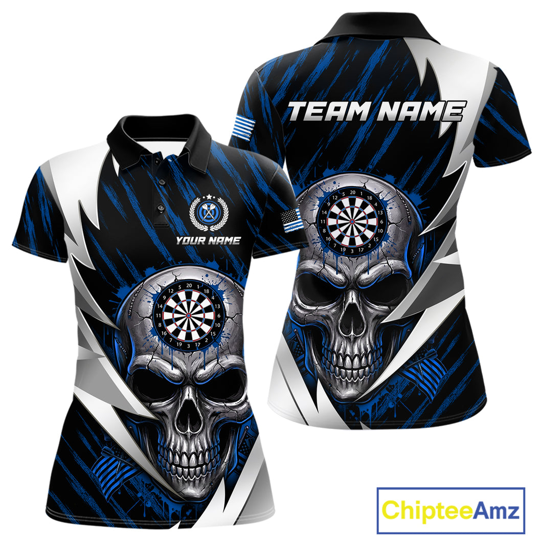 Silver Skull Blue Grunge US Flag Women Darts Polo Shirt Custom Name Dart League Jerseys NYN2063