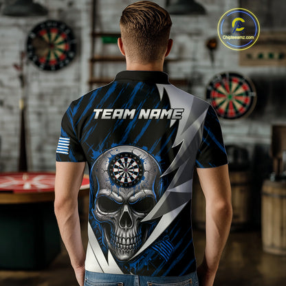 Silver Skull Blue Grunge US Flag Men Darts Polo Shirt Custom Name Dart League Jerseys NYN2063